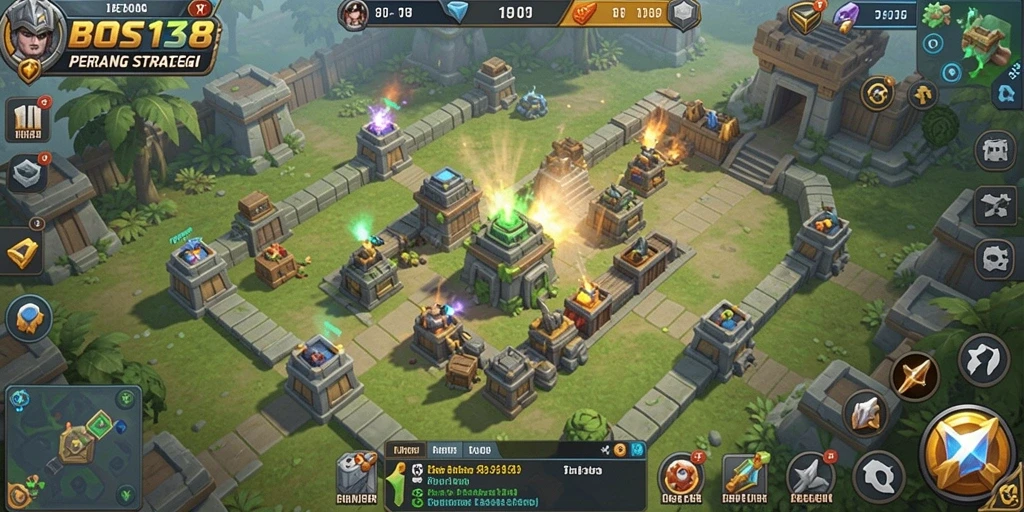Screenshot gameplay Tower Defense dengan menara yang berfungsi.
