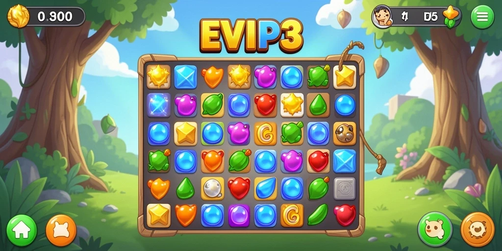 Screenshot utama EVIP3 menampilkan gameplay Match-3 yang seru.