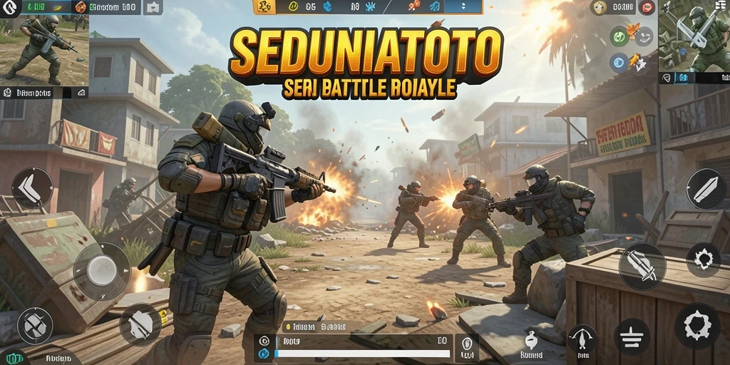 Tangkapan layar utama SEDUNIATOTO menampilkan aksi seru dalam pertempuran Battle Royale.