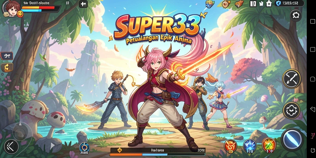 Tampilan gameplay SUPER33 yang penuh aksi dan karakter Anime.