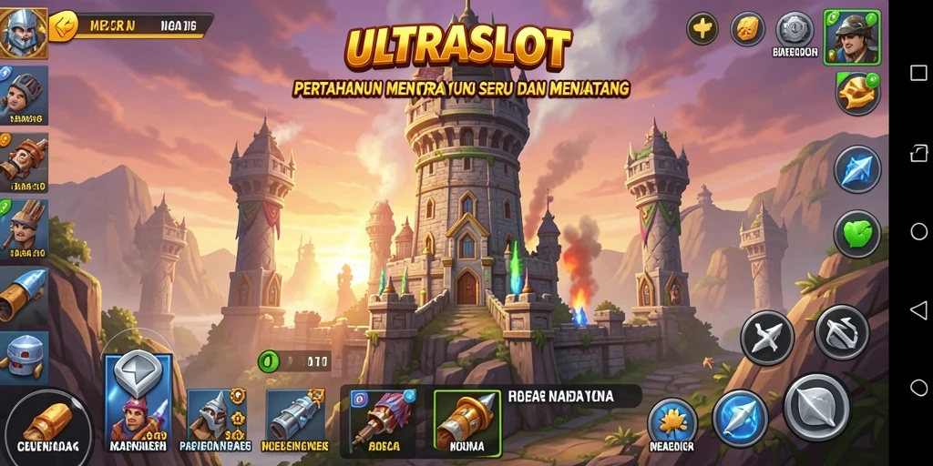 Tampilan gameplay ULTRASLOT menampilkan aksi pertahanan menara yang mendebarkan.